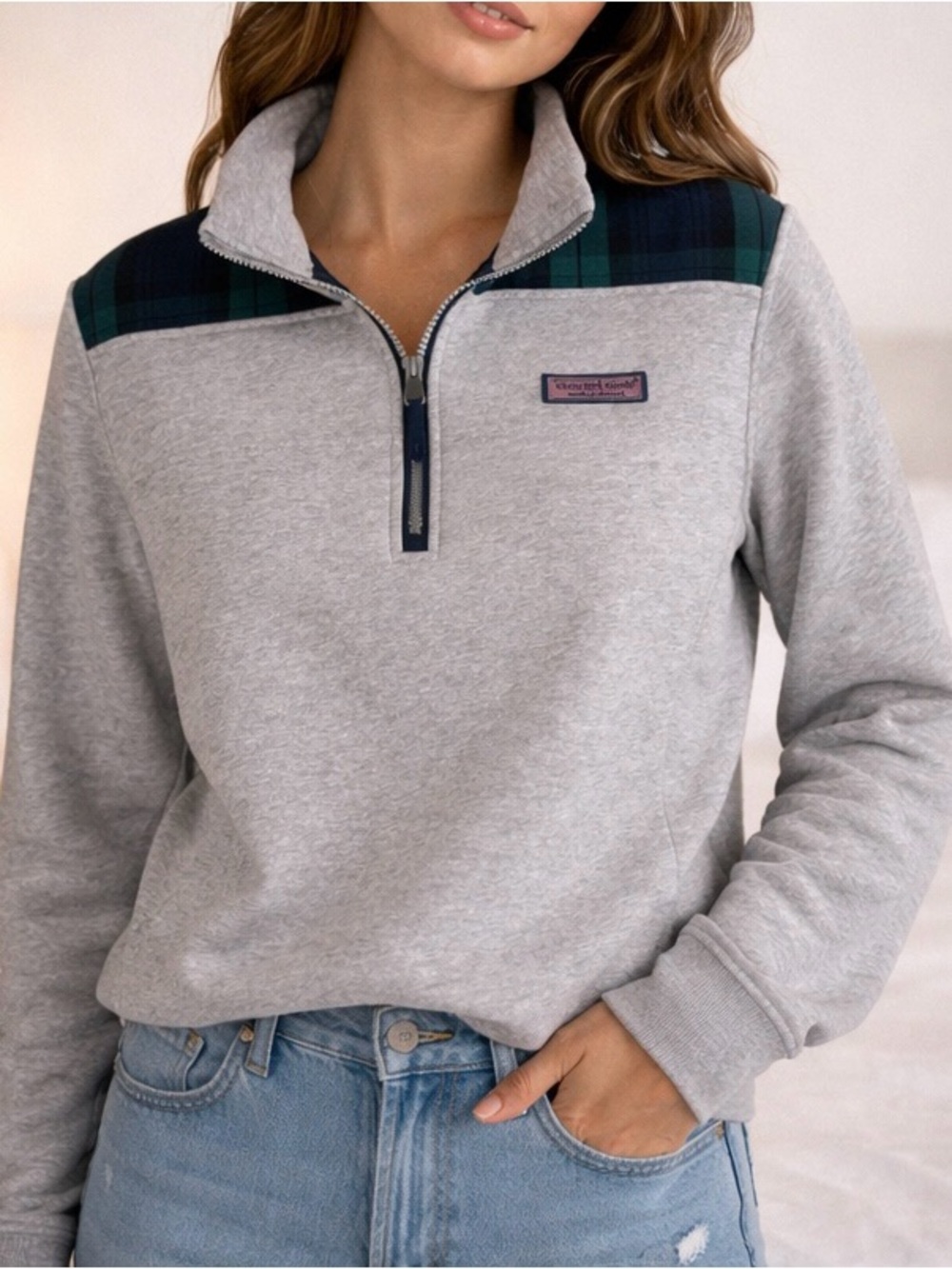 Vineyard Vines Light Gray Quarter-Zip Pullover with Green-Navy Plaid